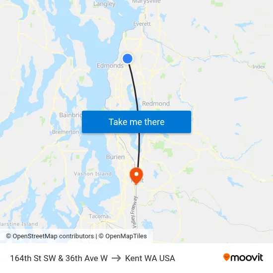 164th St SW & 36th Ave W to Kent WA USA map