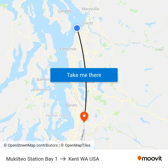 Mukilteo Station Bay 1 to Kent WA USA map