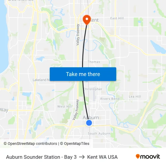 Auburn Sounder Station - Bay 3 to Kent WA USA map