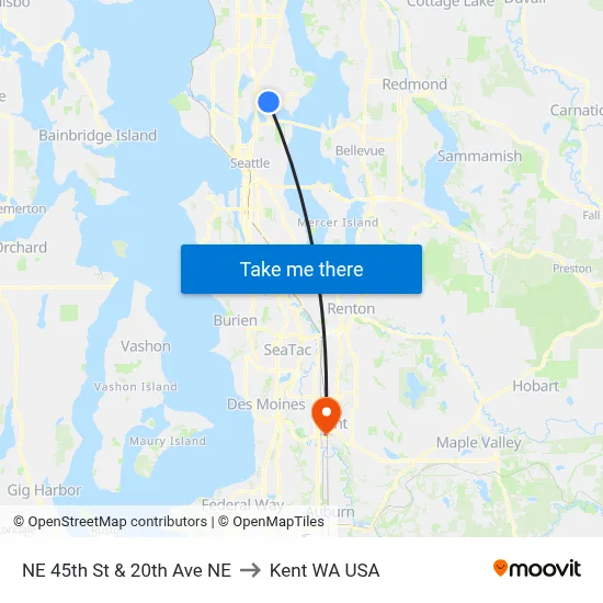 NE 45th St & 20th Ave NE to Kent WA USA map