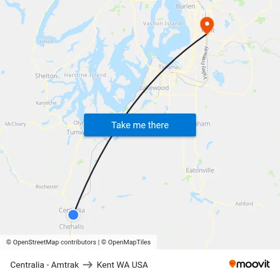 Centralia - Amtrak to Kent WA USA map