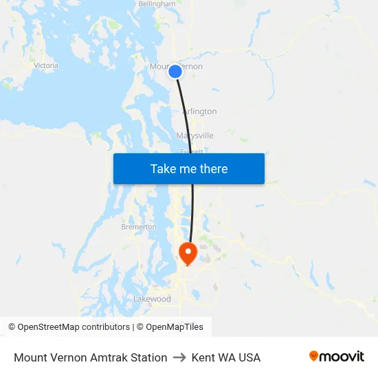 Mount Vernon Amtrak Station to Kent WA USA map