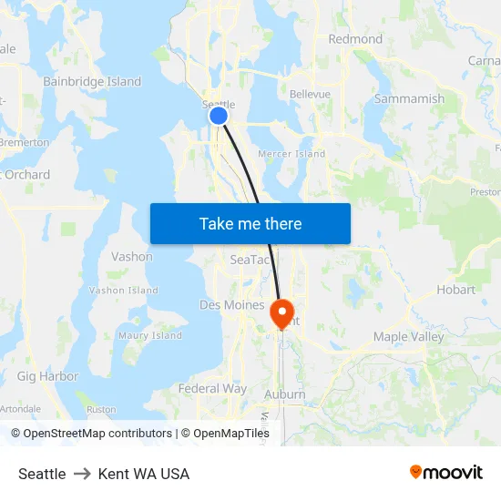 Seattle to Kent WA USA map