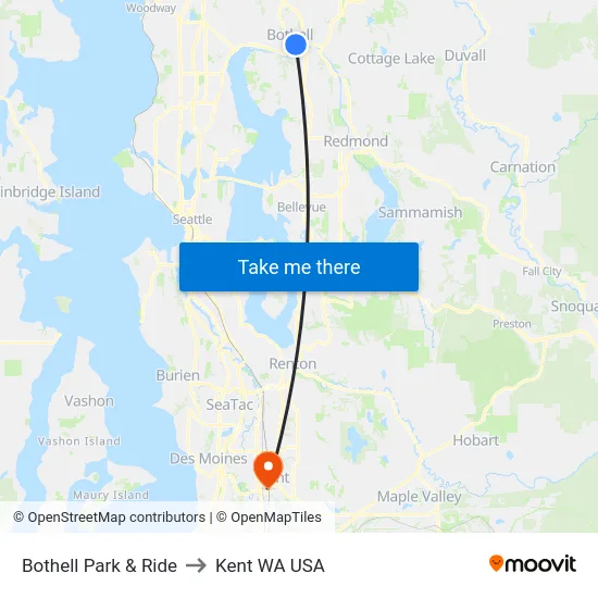 Bothell Park & Ride to Kent WA USA map