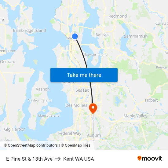 E Pine St & 13th Ave to Kent WA USA map