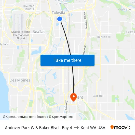 Andover Park W & Baker Blvd - Bay 4 to Kent WA USA map
