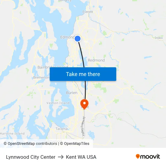 Lynnwood City Center to Kent WA USA map