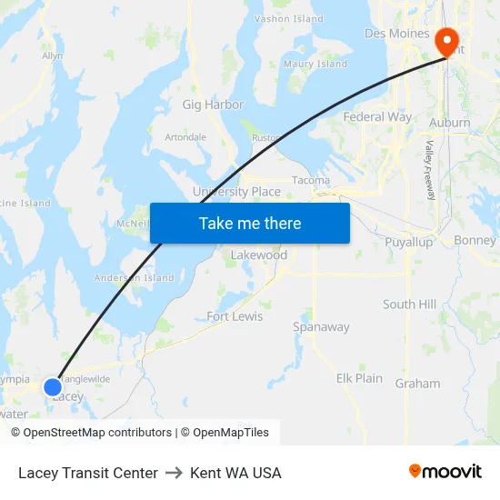 Lacey Transit Center to Kent WA USA map