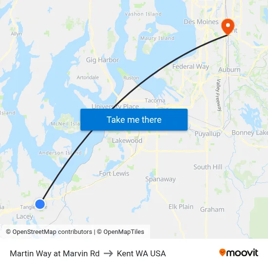 Martin Way at Marvin Rd to Kent WA USA map