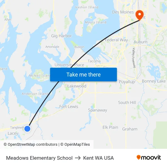 Meadows Elementary School to Kent WA USA map