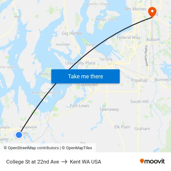 College St at 22nd Ave to Kent WA USA map
