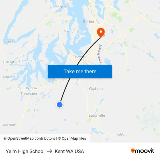 Yelm High School to Kent WA USA map