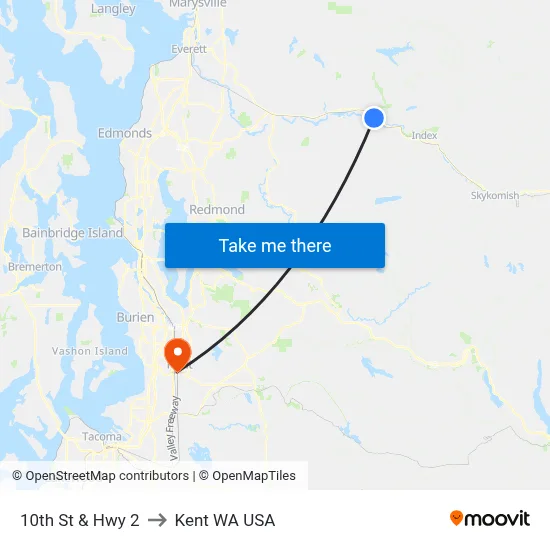 10th St & Hwy 2 to Kent WA USA map