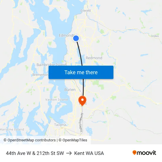 44th Ave W & 212th St SW to Kent WA USA map