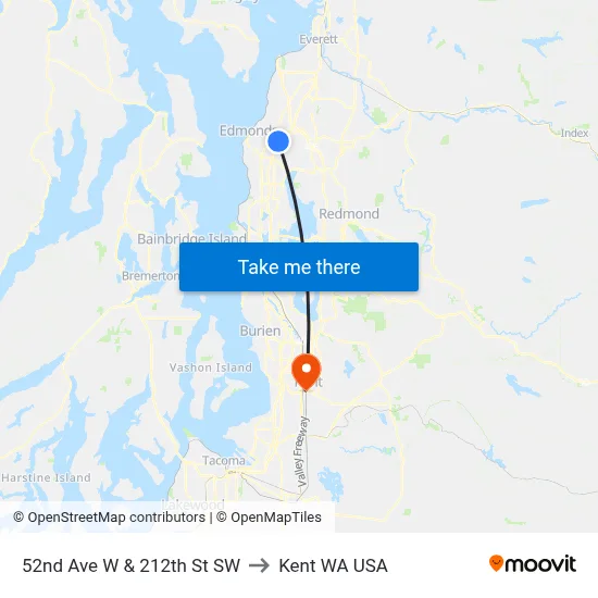 52nd Ave W & 212th St SW to Kent WA USA map