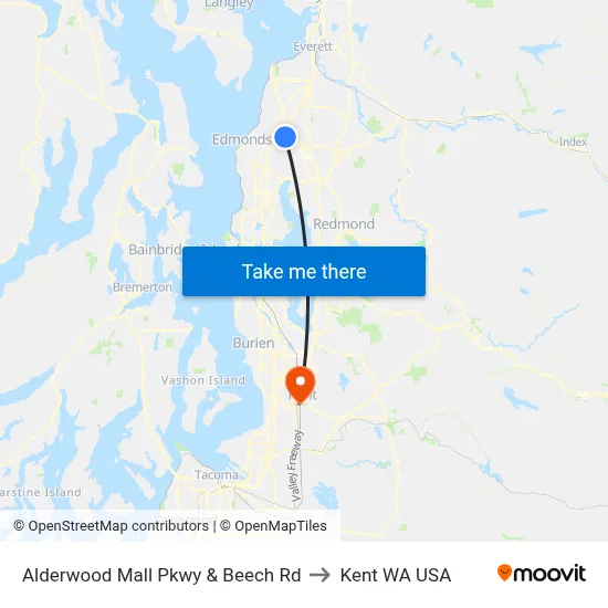 Alderwood Mall Pkwy & Beech Rd to Kent WA USA map