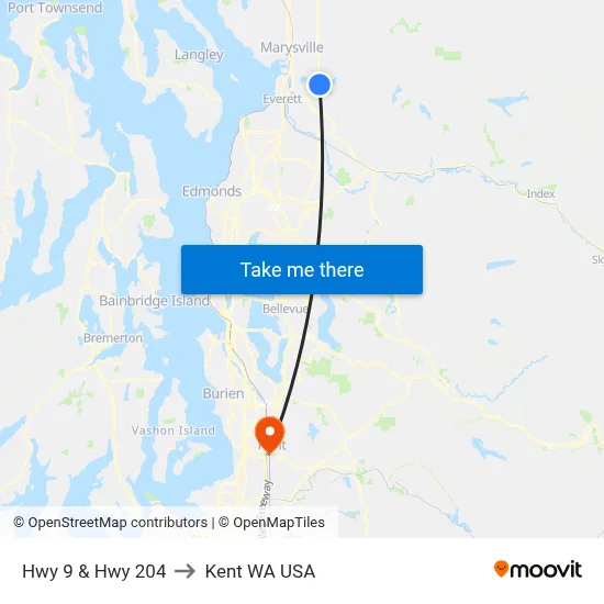 Hwy 9 & Hwy 204 to Kent WA USA map