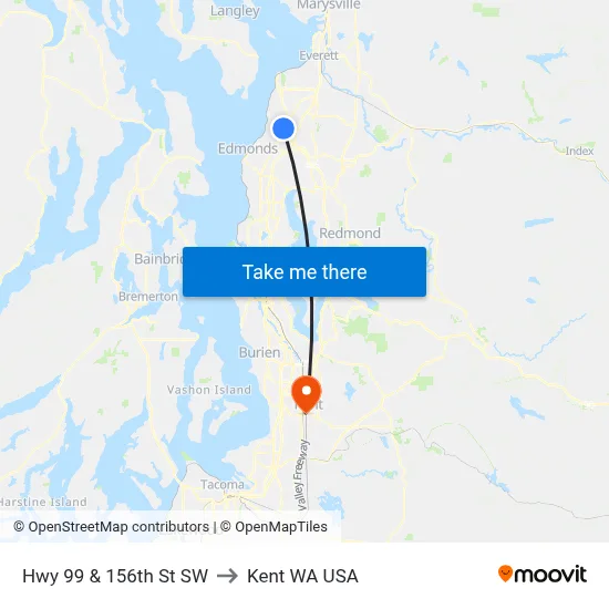 Hwy 99 & 156th St SW to Kent WA USA map