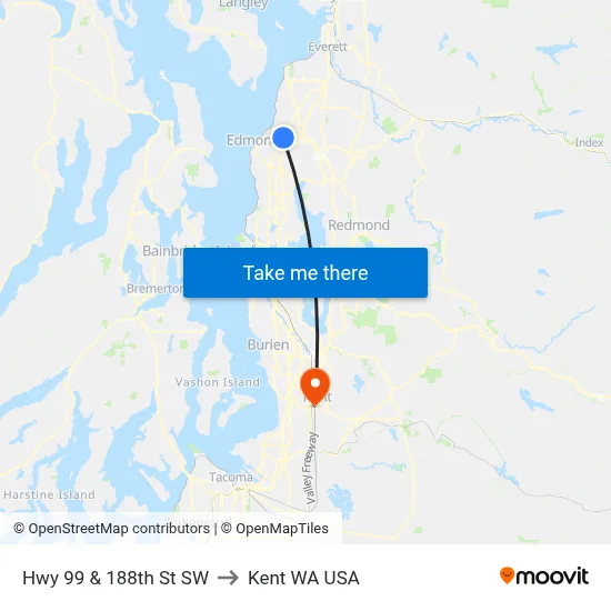 Hwy 99 & 188th St SW to Kent WA USA map