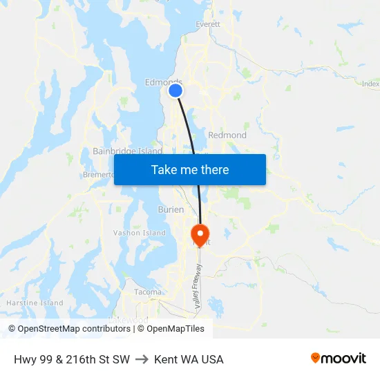 Hwy 99 & 216th St SW to Kent WA USA map