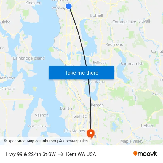Hwy 99 & 224th St SW to Kent WA USA map
