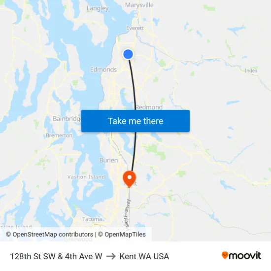 128th St SW & 4th Ave W to Kent WA USA map
