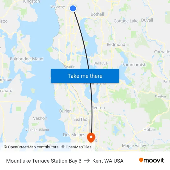 Mountlake Terrace Station Bay 3 to Kent WA USA map