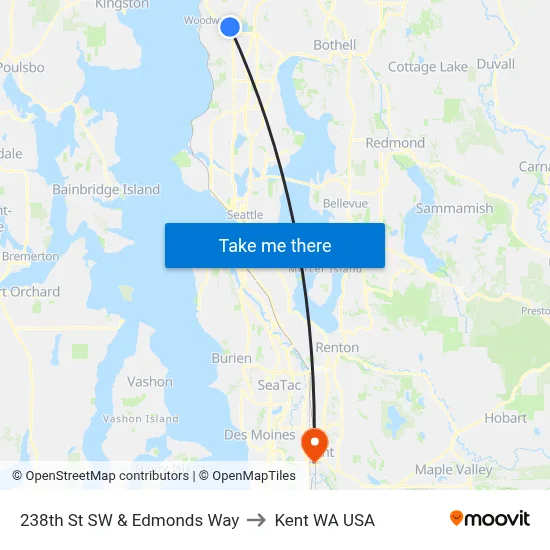 238th St SW & Edmonds Way to Kent WA USA map