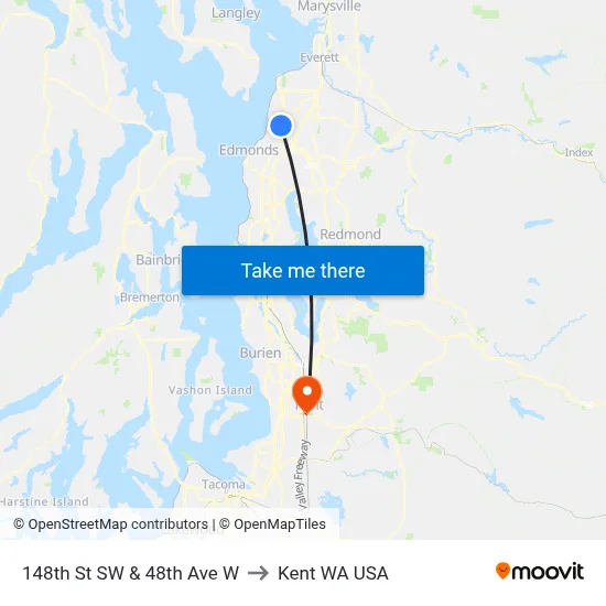 148th St SW & 48th Ave W to Kent WA USA map