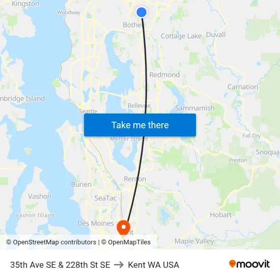 35th Ave SE & 228th St SE to Kent WA USA map