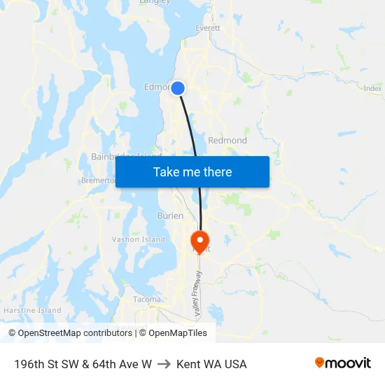 196th St SW & 64th Ave W to Kent WA USA map