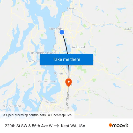 220th St SW & 56th Ave W to Kent WA USA map