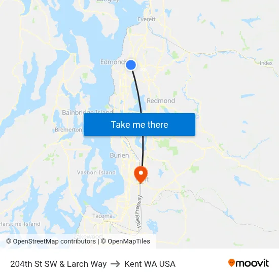 204th St SW & Larch Way to Kent WA USA map