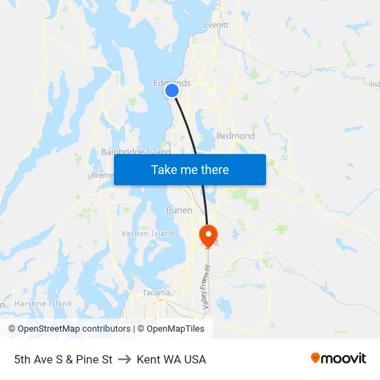 5th Ave S & Pine St to Kent WA USA map