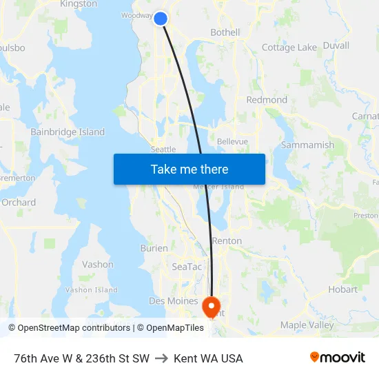 76th Ave W & 236th St SW to Kent WA USA map