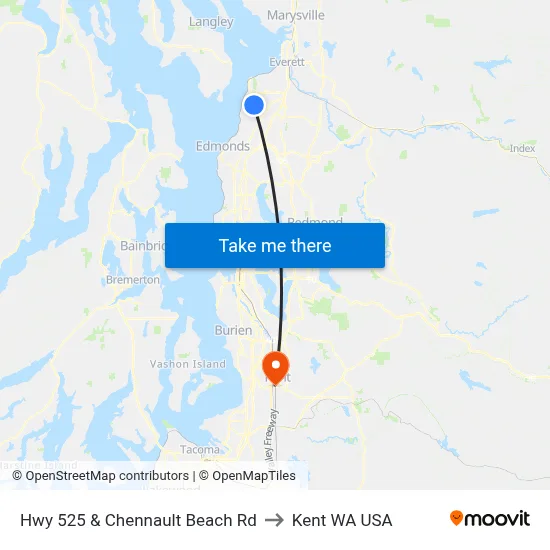 Hwy 525 & Chennault Beach Rd to Kent WA USA map