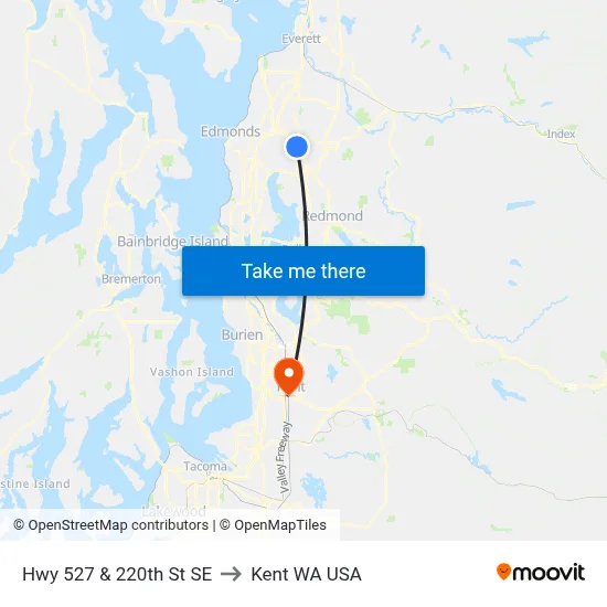Hwy 527 & 220th St SE to Kent WA USA map