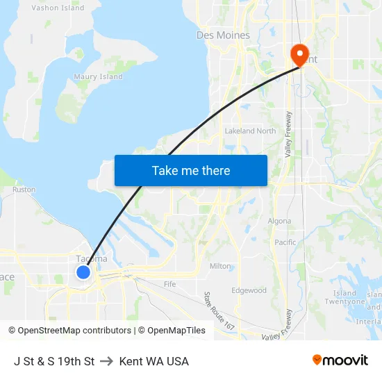 J St & S 19th St to Kent WA USA map