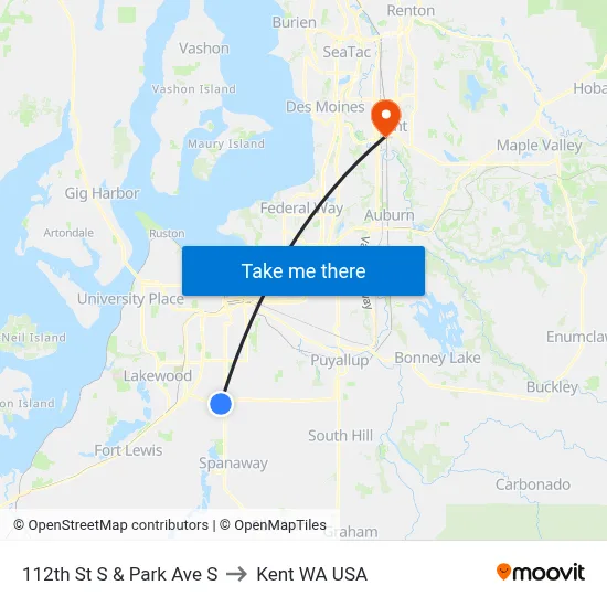 112th St S & Park Ave S to Kent WA USA map