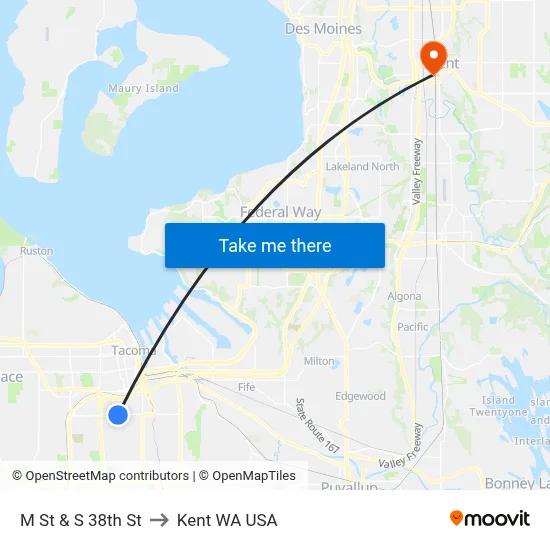 M St & S 38th St to Kent WA USA map