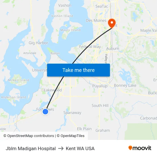 Jblm Madigan Hospital to Kent WA USA map