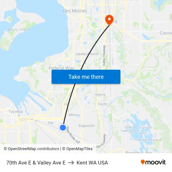 70th Ave E & Valley Ave E to Kent WA USA map