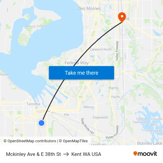 Mckinley Ave & E 38th St to Kent WA USA map