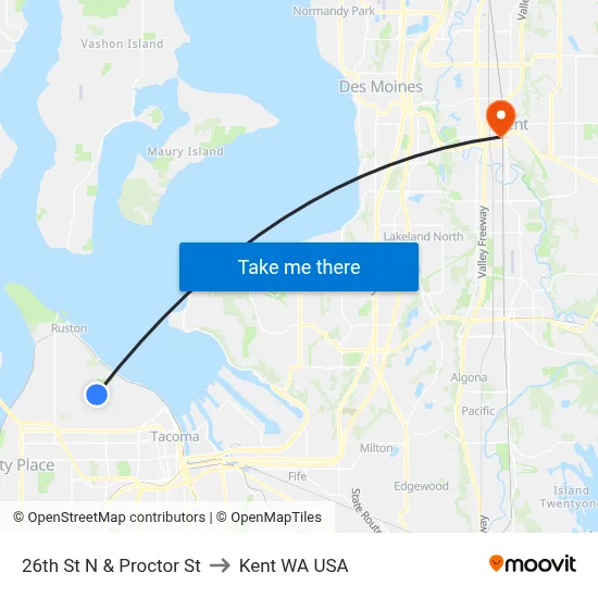 26th St N & Proctor St to Kent WA USA map