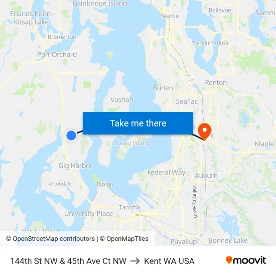 144th St NW & 45th Ave Ct NW to Kent WA USA map