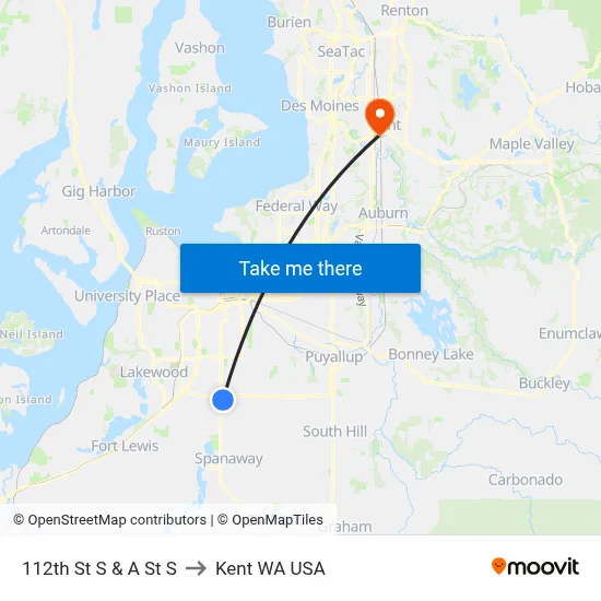 112th St S & A St  S to Kent WA USA map