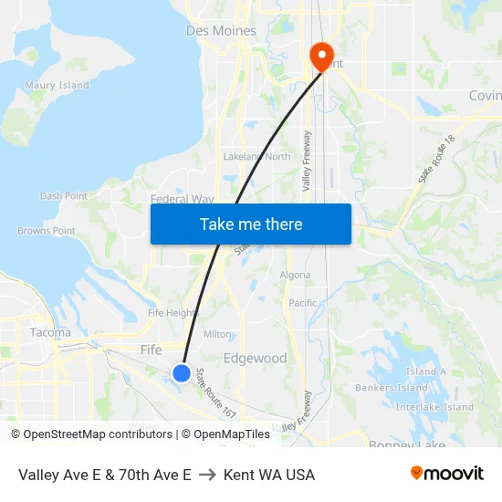Valley Ave E & 70th Ave E to Kent WA USA map
