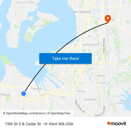 19th St S & Cedar St to Kent WA USA map