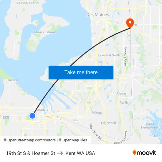 19th St S & Hosmer St to Kent WA USA map