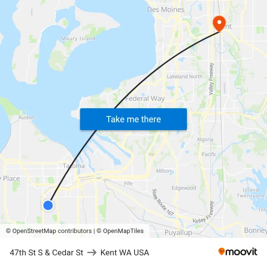 47th St S & Cedar St to Kent WA USA map
